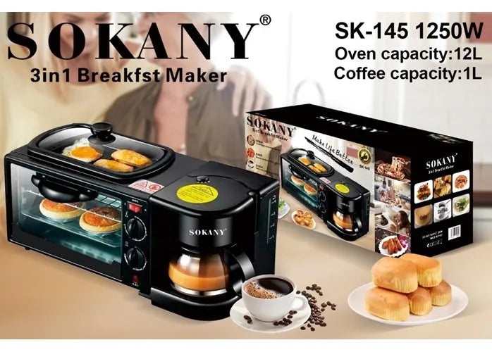 Máquina 3 En 1 Sokany Cafetera -Mini Horno - Parrilla