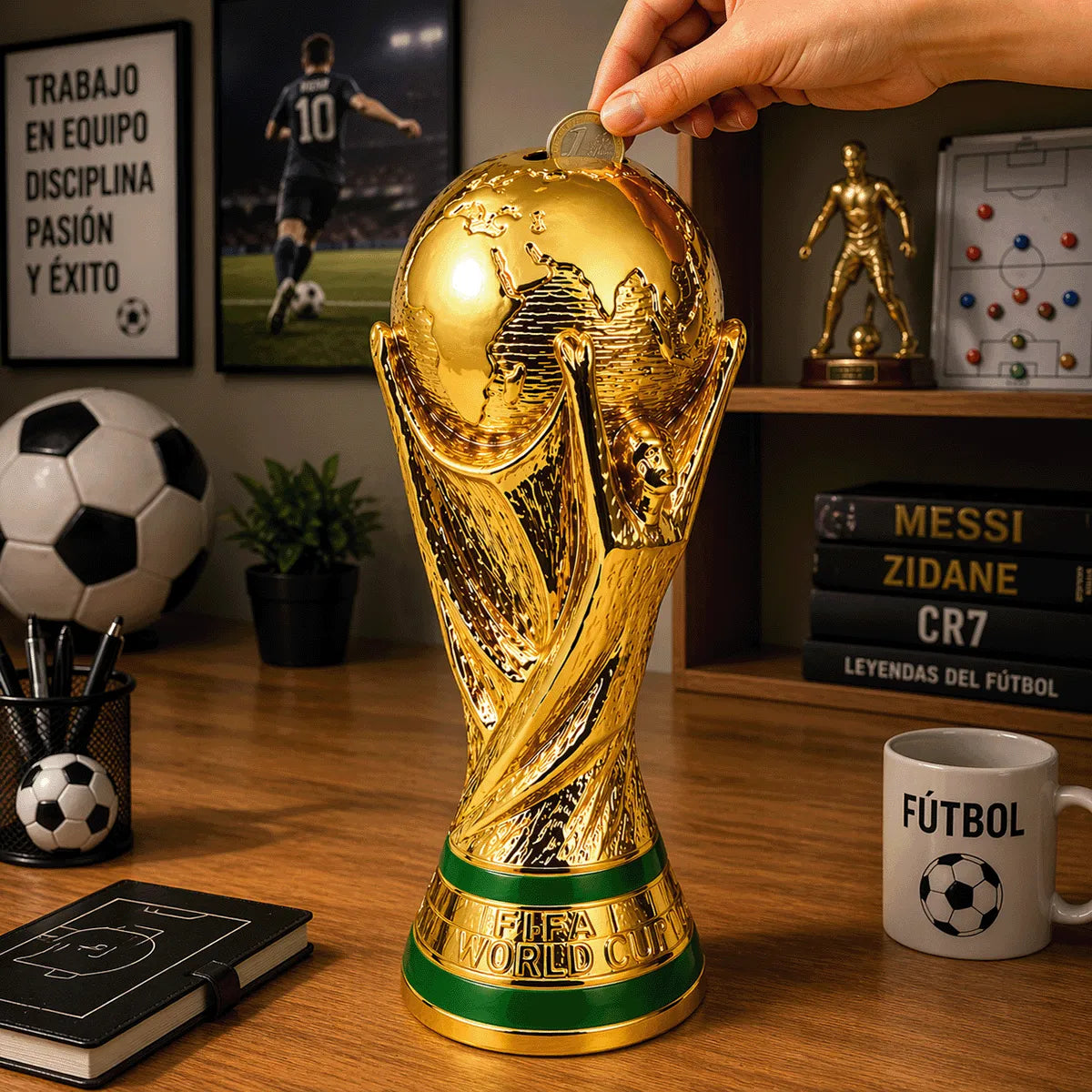 Alcancía Trofeo Copa Del Mundo Dorada Grande Fútbol