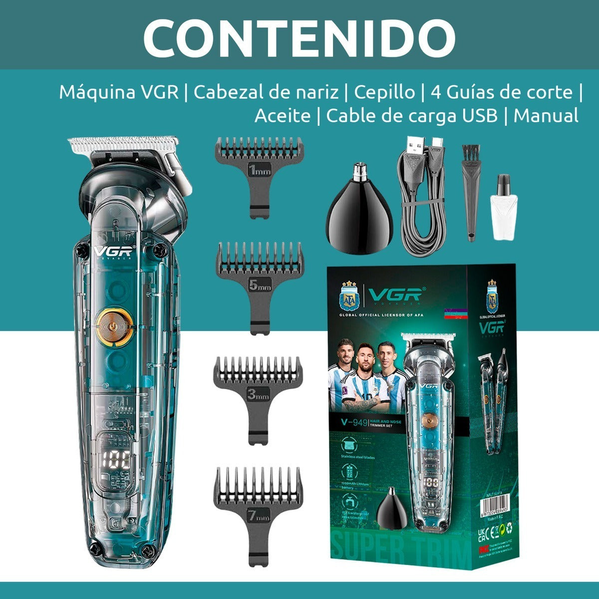 Máquina Patillera Pelo Nariz 2en1 VGR V-949 Argentina IPX6